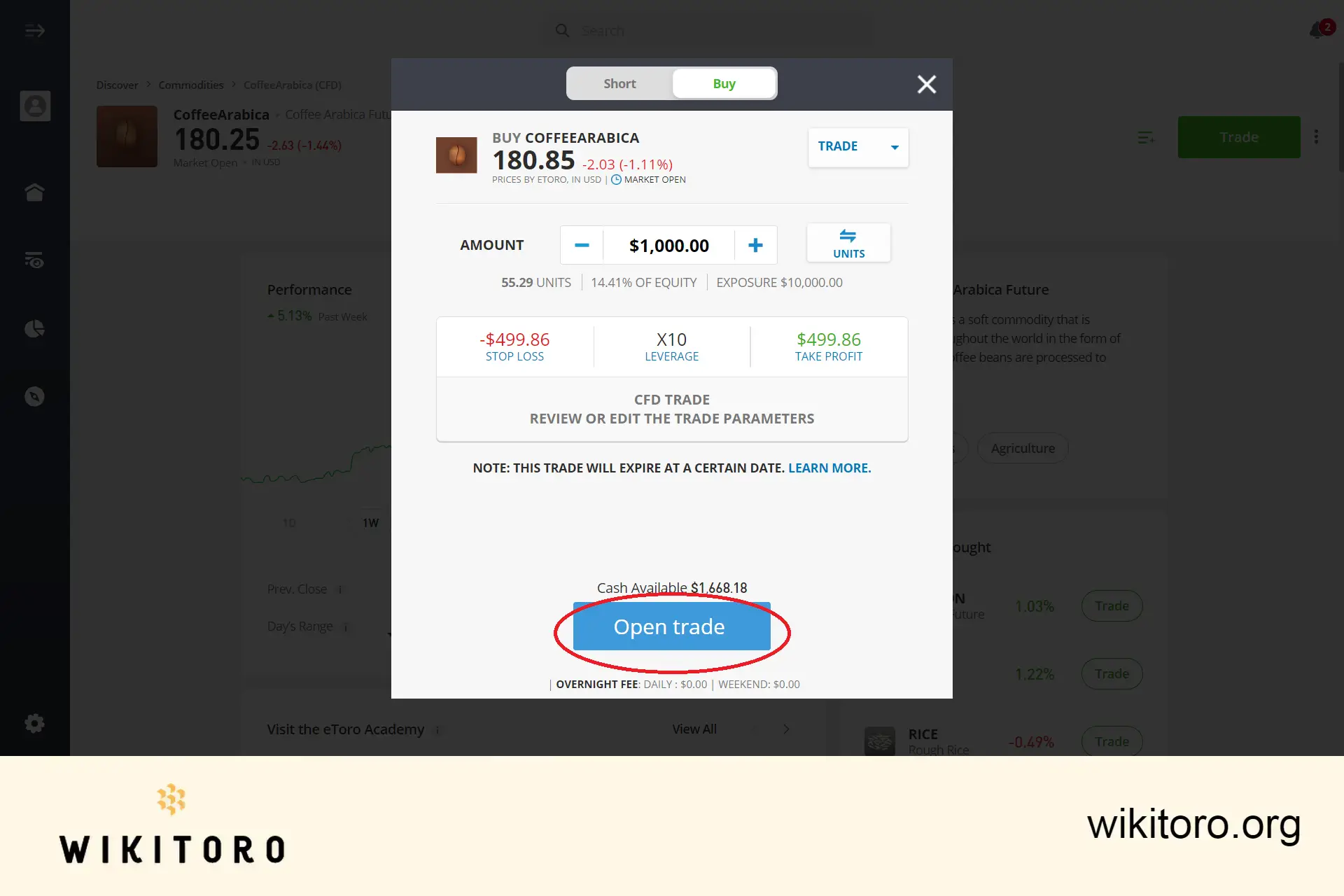 Executing eToro Coffee Arabica trade order