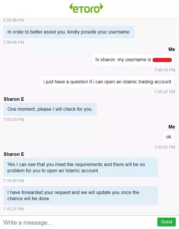 Requesting for an eToro Islamic account via live chat support